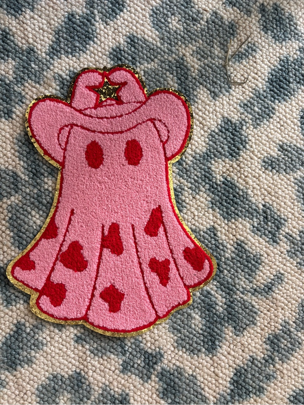 IRON ON PATCHES - Pink Cowboy Ghost Patch with Red Hearts